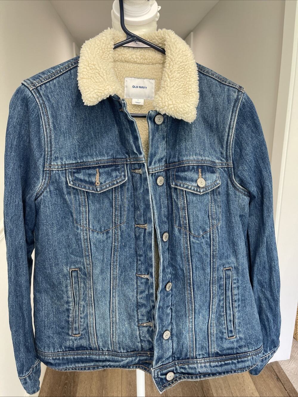 Old Navy Denim Jacket Women M Blue Sherpa Lined Trucker Faux Shearling Classic